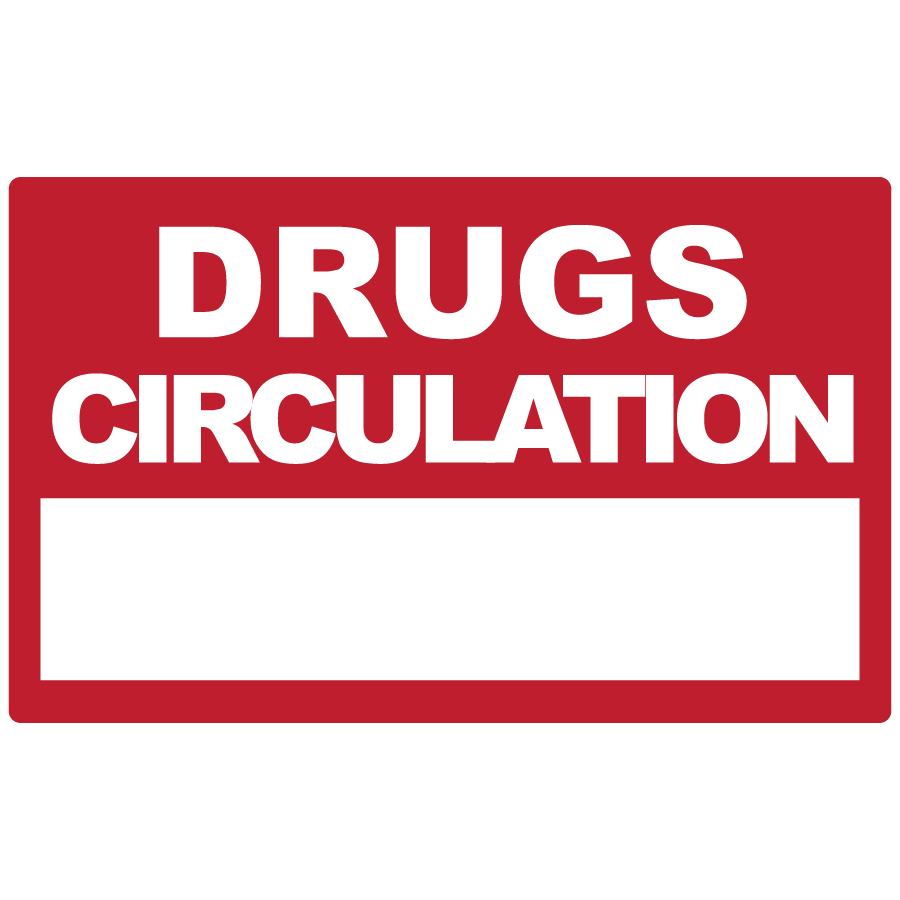 Emergency staff tag "DRUGS/CIRCULATION" - White on Red, 60mm x 100mm, 250 per roll