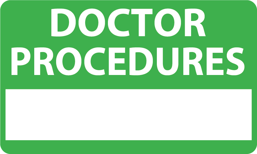 Emergency staff tag "DOCTOR PROCEDURES" - White on Green, 60mm x 100mm, 125 per roll