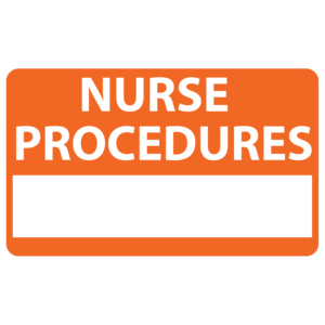 Emergency staff tag "NURSE PROCEDURES" - White on Orange, 60mm x 100mm, 125 per roll