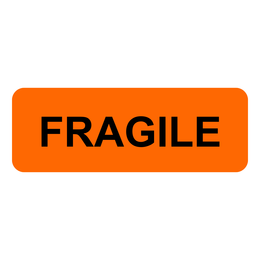 FRAGILE- 70mm x 25mm Black on Fluoro Orange 500/rl
