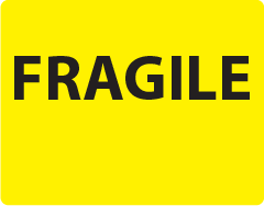 FRAGILE - 55 x 43, PAPER, Black print on Yellow Label 400 per roll