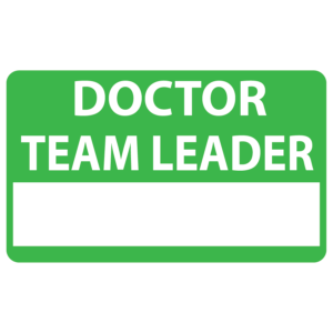 Emergency staff tag "DOCTOR TEAM LEADER" - White on Green, 60mm x 100mm, 125 per roll