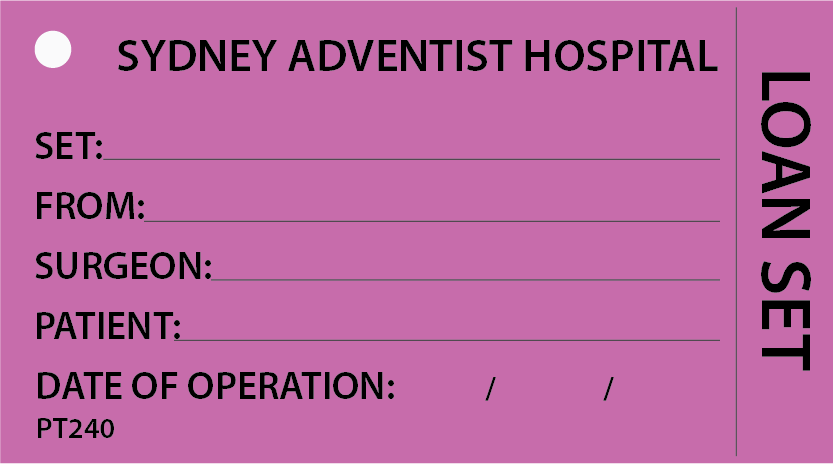 LOAN SET(SYDNEY ADVENTIST) - 90 x 50, Black print on Violet, 100 per packet with ties