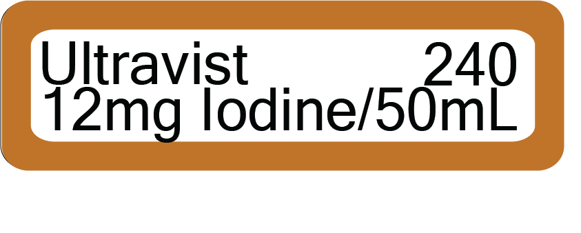 Ultravist 240 (12mg Iodine/50mLs) - 40 x 12 - Black print on White with Brown border, Polypropylene with acrylic perm adhesive, 1 label sheet per pouch, 100 per pack - Gamma Sterlised