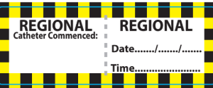 REGIONAL - 70 x 25mm, perforated, vellum, perm adhesive White label with 4 x Black/Pantone yellow hatched border lines, 500 per roll