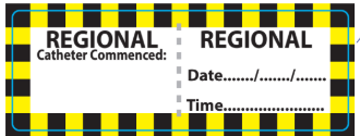 REGIONAL - 70 x 25mm, perforated, vellum, perm adhesive White label with 4 x Black/Pantone yellow hatched border lines, 500 per roll
