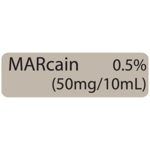 MARcain 0.5% (50mg/10ml) - black on grey, 100 per box, gamma sterilized
