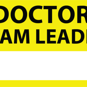 Emergency staff tag "DOCTOR TEAM LEADER" - Black on Yellow, 60mm x 100mm, 125 per roll