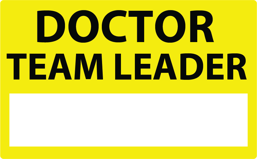 Emergency staff tag "DOCTOR TEAM LEADER" - Black on Yellow, 60mm x 100mm, 125 per roll
