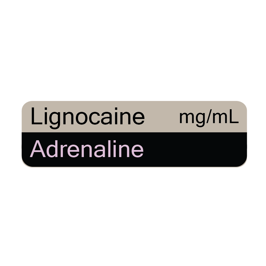 Lignocaine mg/mL Adrenaline - 40 x 12, PAPER, Black print on Grey Label with black on violet reverse print, 800 per roll