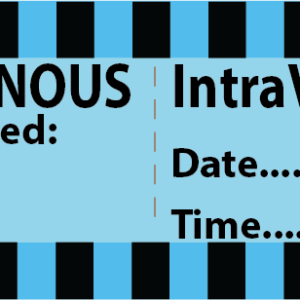 IntraVENOUS - 70 x 25, Blue with 4 x Black/Blue hatched border lines, 500 per roll