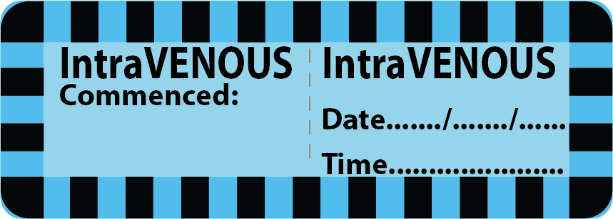 IntraVENOUS - 70 x 25, Blue with 4 x Black/Blue hatched border lines, 500 per roll