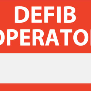 Emergency staff tag "DEFIB OPERATOR" - White on Red, 60mm x 100mm, 125 per roll