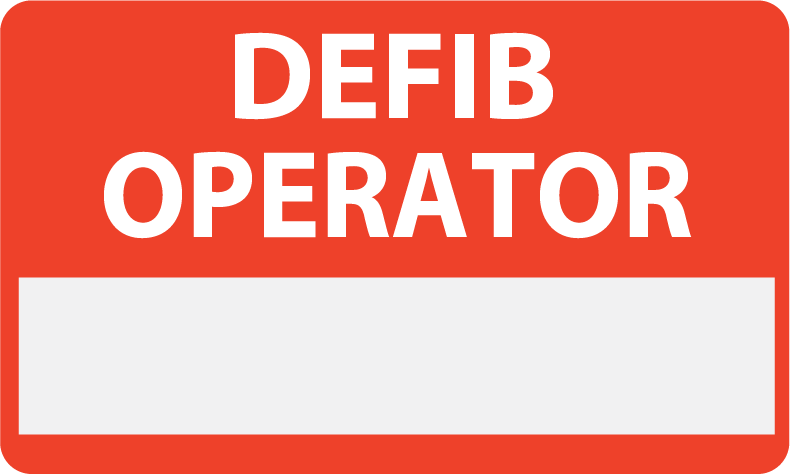 Emergency staff tag "DEFIB OPERATOR" - White on Red, 60mm x 100mm, 125 per roll
