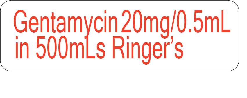 Gentamycin (20mg/0.5mL) in 500mLs ringers - RED on White, POLY, 100 Per Box, Gamma Sterilized