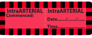 Intra-ARTERIAL - 70 x 25mm, perforated, vellum, perm adhesive Red PMS 1787 with 4 x Black/Red hatched border lines, 500 per roll