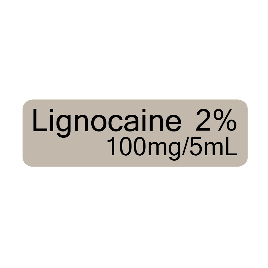 Lignocaine 2% 100mg/5mL - 40 x 12, PAPER, Black print on Grey Label, 800 per roll
