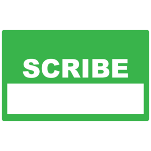 Emergency staff tag "SCRIBE" - Green on White, 60mm x 100mm, 250 per roll