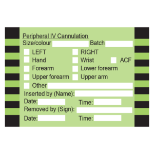 Peripheral IV Cannulation - Black on Green, 100 x 60mm, Wide Edge Leading, PAPER, acrylic perm adhesive, 500 per roll