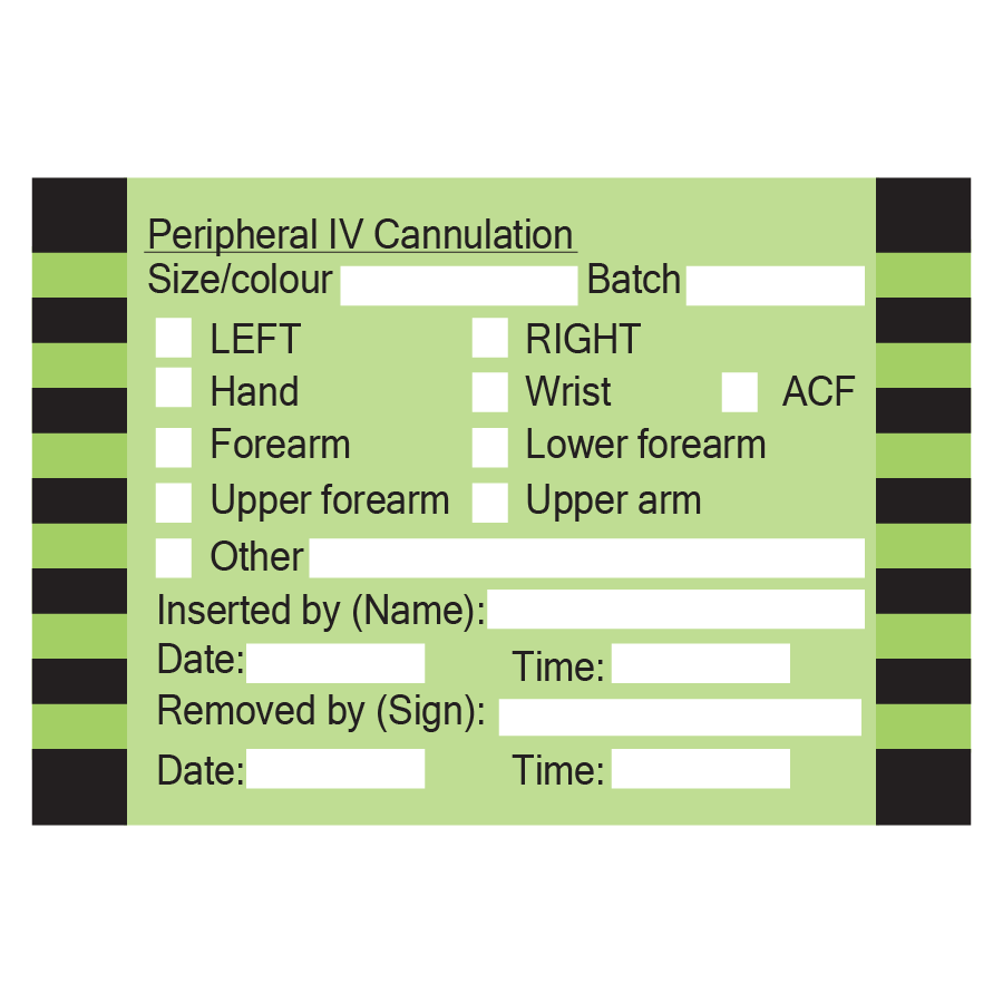 Peripheral IV Cannulation - Black on Green, 100 x 60mm, Wide Edge Leading, PAPER, acrylic perm adhesive, 500 per roll
