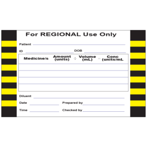 For REGIONAL Use Only- 100 x 60mm, perforated, vellum, perm adhesive, White label with 2 x Black/Pantone Yellow hatched border lines, 500/roll