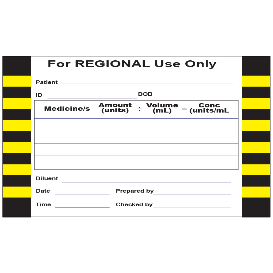 For REGIONAL Use Only- 100 x 60mm, perforated, vellum, perm adhesive, White label with 2 x Black/Pantone Yellow hatched border lines, 500/roll