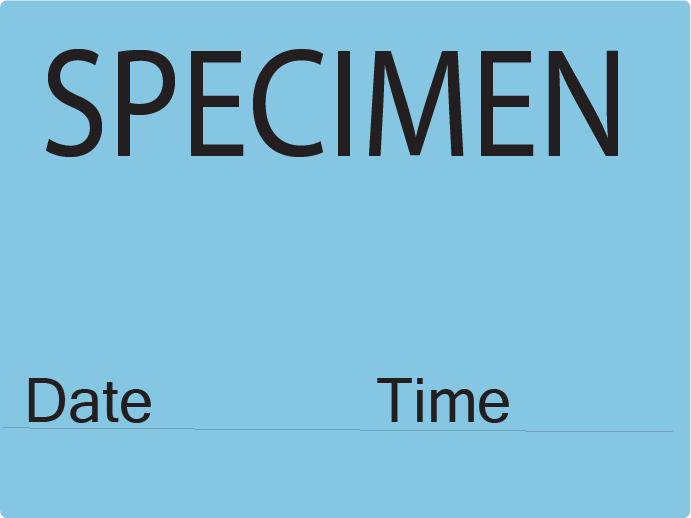 SPECIMEN, 36 x 27mm, PAPER, Black print on Blue label, 500 per roll
