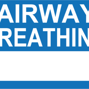 Emergency staff tag- "AIRWAY BREATHING "- White on Blue , 60mm x 100mm, 250 per roll
