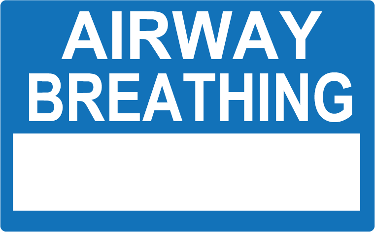 Emergency staff tag- "AIRWAY BREATHING "- White on Blue , 60mm x 100mm, 250 per roll