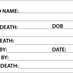 DECEASED - 50 x 90, Black print on White, 100 per packet with ties