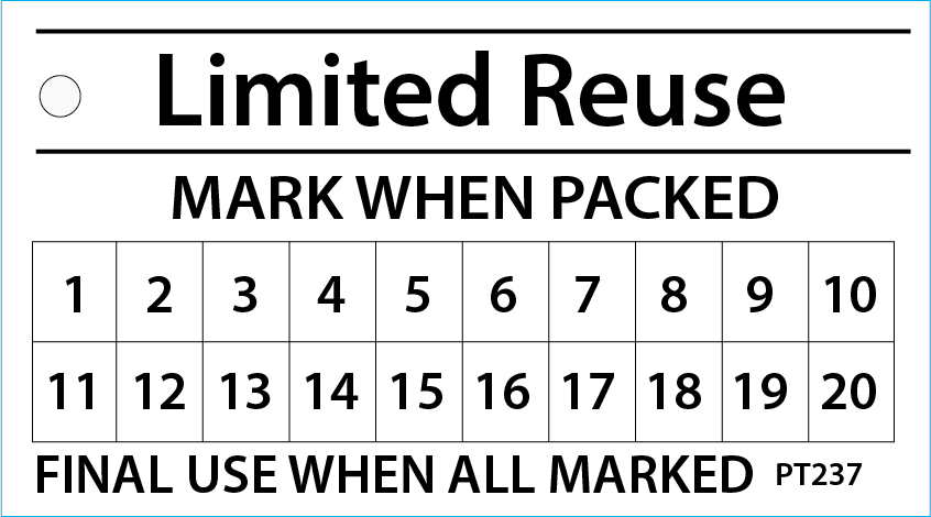 LIMITED REUSE (mark when packed) - 50 x 90, Black print on White, 100 per packet with ties