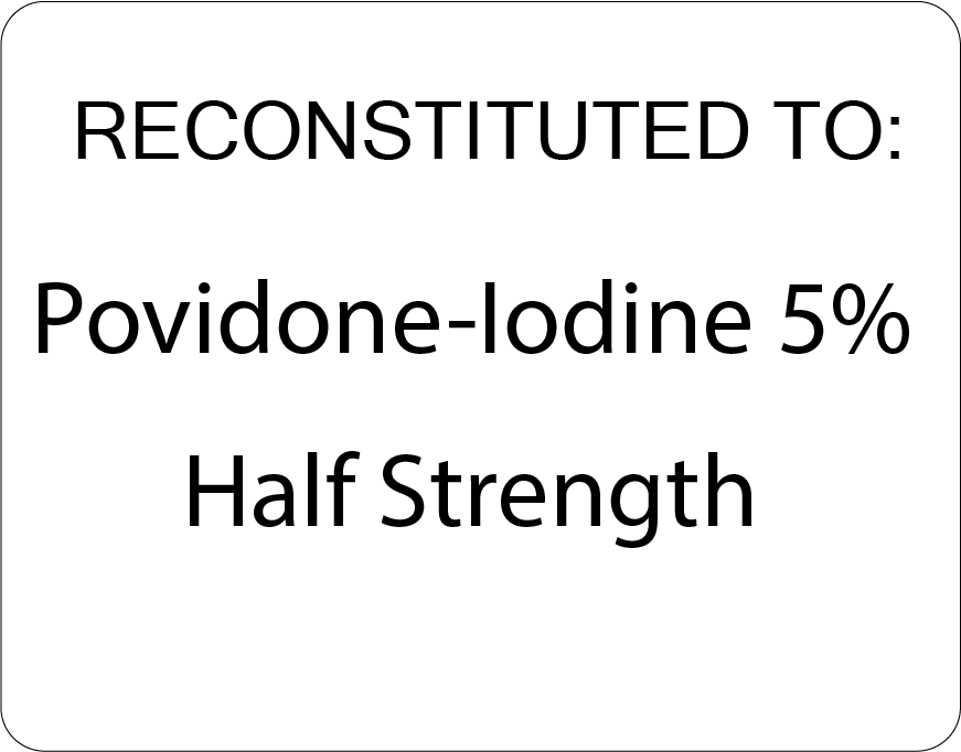 Reconstituted To: Povidone - Iodine 5% Half Strength - 43mm x 55mm, PAPER, Black Print on White Label, 400 per roll
