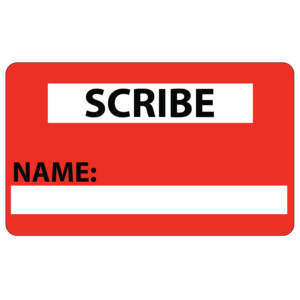 Emergency staff tag "SCRIBE NAME" - Black on Red, 60mm x 100mm, 125 per roll