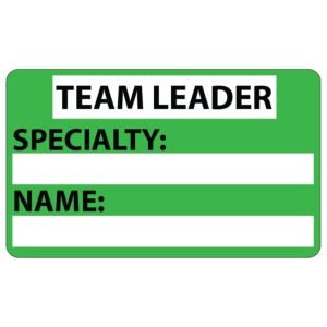 Emergency staff tag "TEAM LEADER SPECIALITY NAME" - Black on Green, 60mm x 100mm, 125 per roll