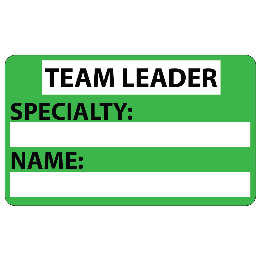 Emergency staff tag "TEAM LEADER SPECIALITY NAME" - Black on Green, 60mm x 100mm, 125 per roll