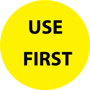 USE FIRST – 38mm DIAM FLOURO YELLOW round label, 500 per roll