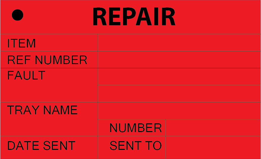 REPAIR - 50 x 90, Black print on Red Polytag , 100 per pack hole punched with ties