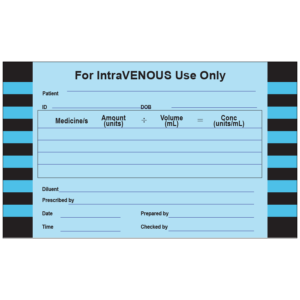 For IntraVENOUS Use Only - 100 x 60mm, BLUE vellum, perm adhesive, 500 per roll