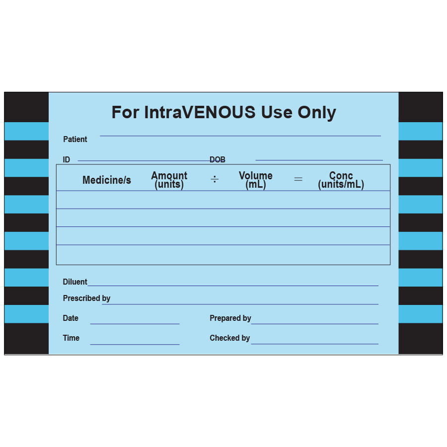 For IntraVENOUS Use Only - 100 x 60mm, BLUE vellum, perm adhesive, 500 per roll