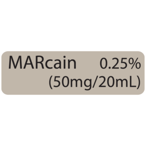 MARcain 0.25% (50mg/20ml) - 40 x 12 - Black print on Grey Label Paper with acrylic permanent adhesive 100 per box, Gamma Sterlised
