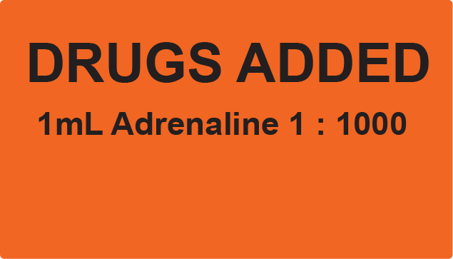 DRUGS ADDED - 1ml Adrenaline 1:1000 70 x 40 Black print on Fluoro Orange Label, 500 per roll
